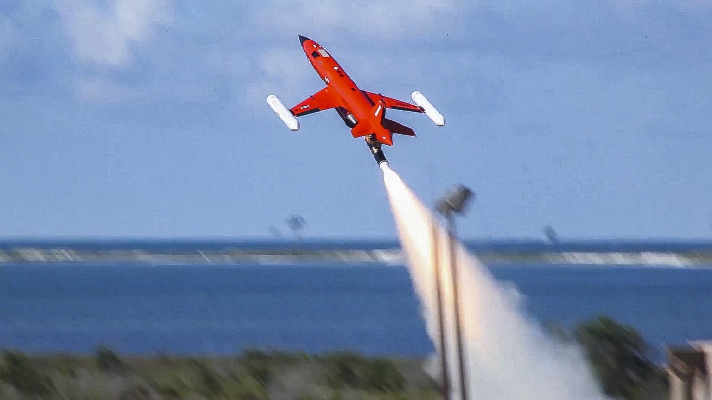 A Kratos Aerial Target drone takes off