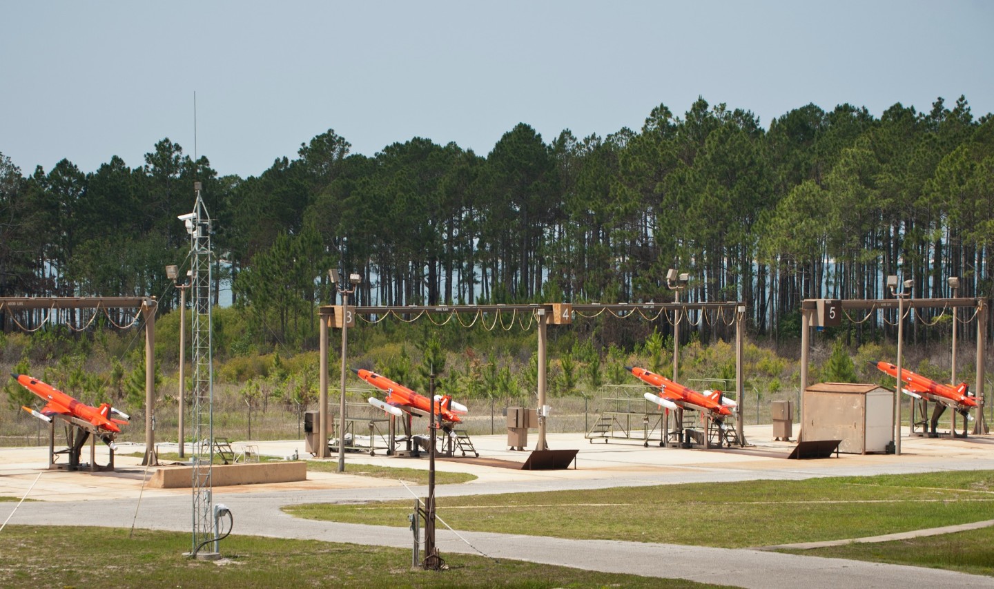 A battery of Kratos Aerial Target drone ready for take off. One of the advantages of the low-cost Kratos drones are their ability to get into the air quickly